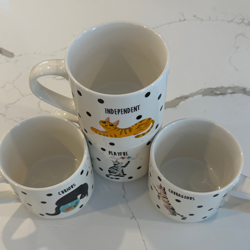 Coco & Lola Polka Dot Cat Mug Set x 4, curious, courageous, independent, playful